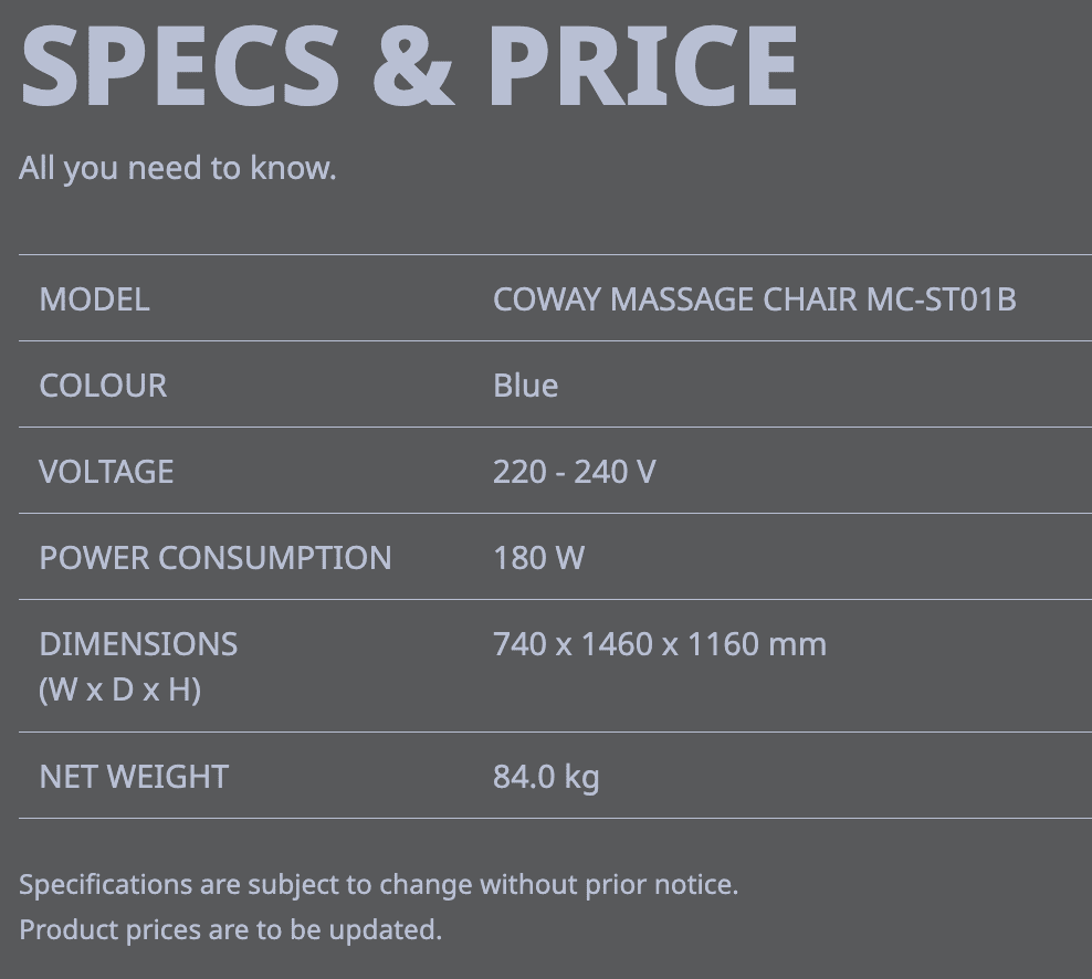 Jadual spesifikasi Coway Massage Chair MC-ST01B